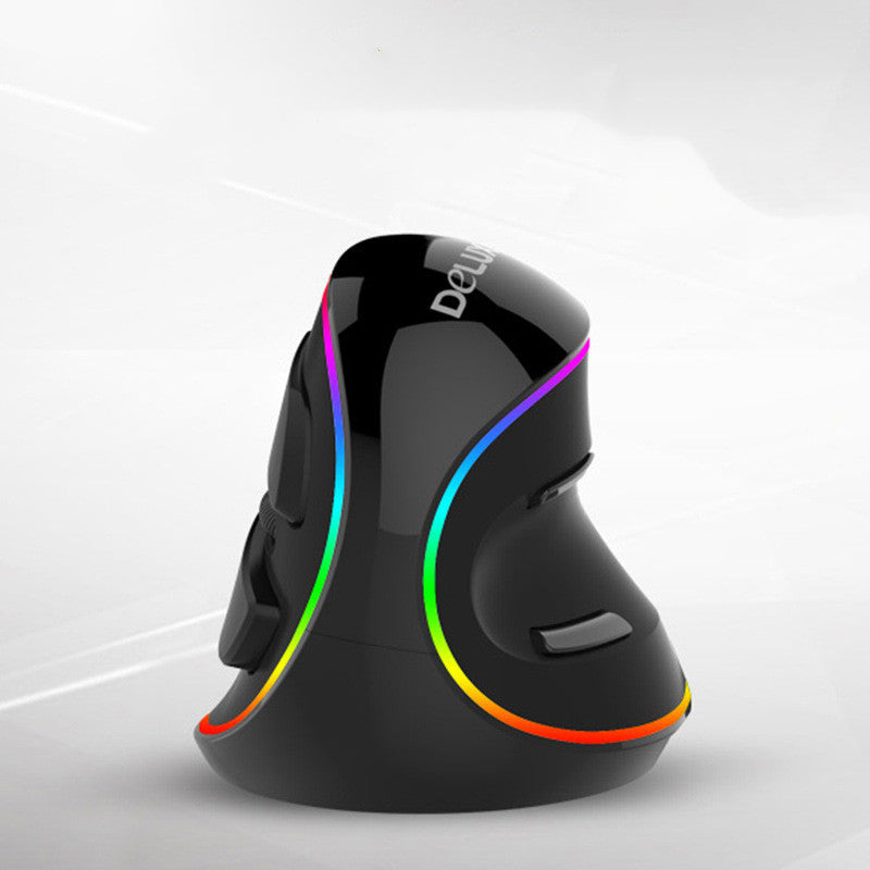 Black ergonomic vertical gaming mouse with RGB lighting and sleek design on white background