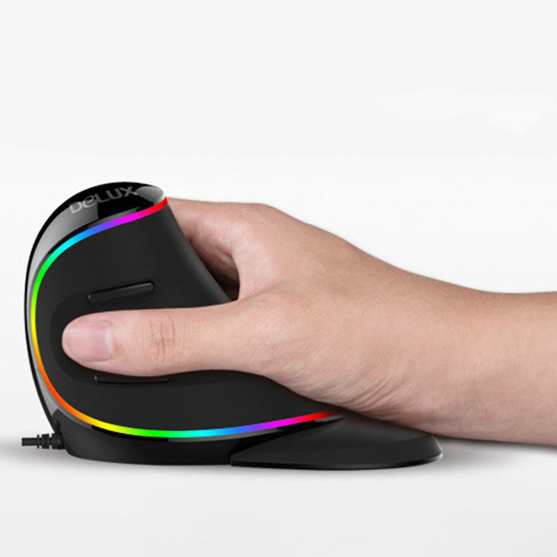 Hand holding Delux ergonomic vertical wired gaming mouse with RGB lighting strip