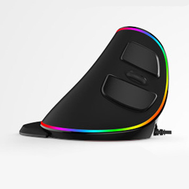 Black ergonomic vertical gaming mouse with RGB lighting and wired connection on white background