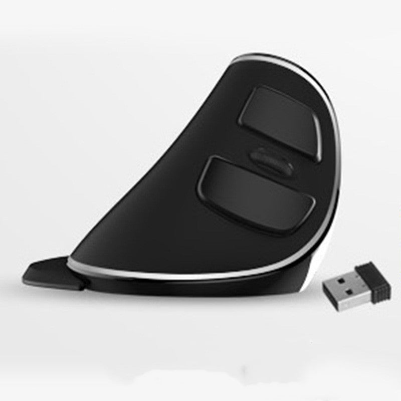 Black ergonomic vertical wireless mouse with USB receiver on white background