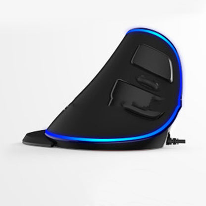 Black ergonomic vertical gaming mouse with wired connection and blue LED lighting