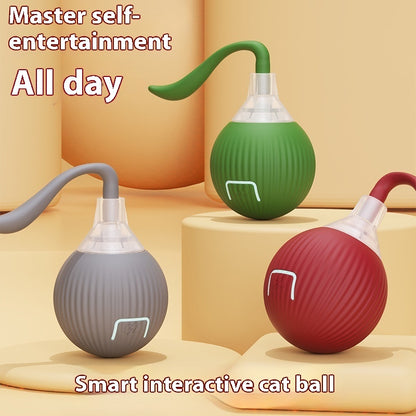 Three colorful smart interactive cat balls in green, gray, and red for pet entertainment