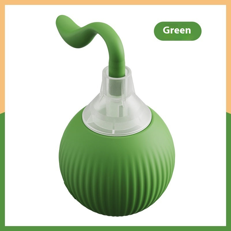 Green flexible silicone pet toy with a ribbed round base and curved stem on white background