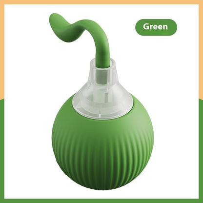 Green flexible silicone pet toy with a ribbed round base and curved stem on white background