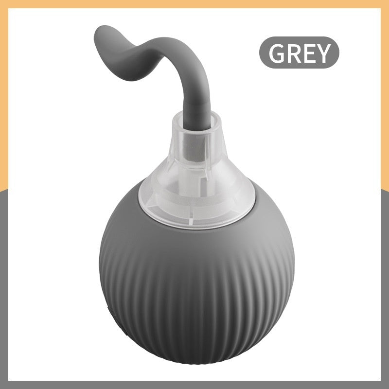 Grey cat toy ball with ribbed texture and curved tail, interactive pet gadget for active play