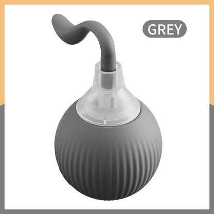 Grey cat toy ball with ribbed texture and curved tail, interactive pet gadget for active play