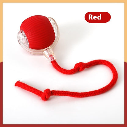 Red interactive cat toy with textured ball and attached rope on white background