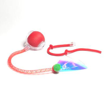 red interactive cat toy with rolling ball and dangling wand with colorful feather attachment