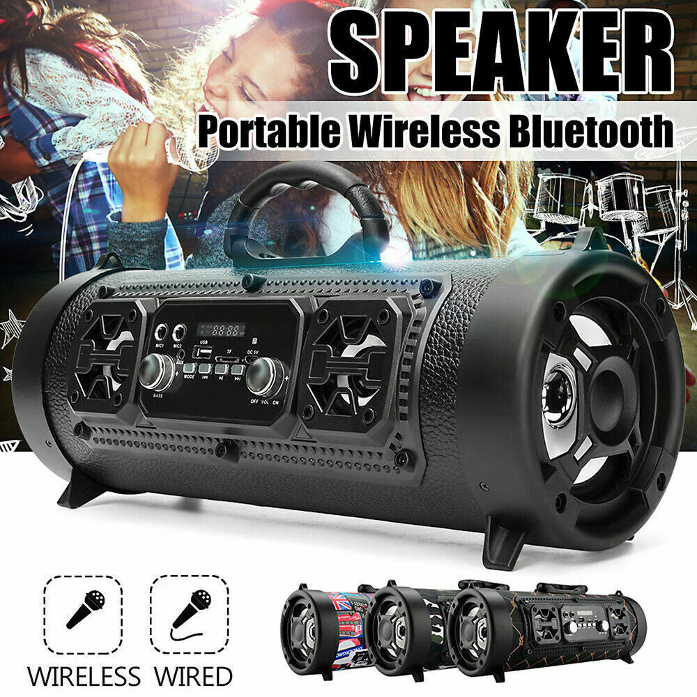 Black portable wireless Bluetooth speaker with handle and control panel, ideal for outdoor audio