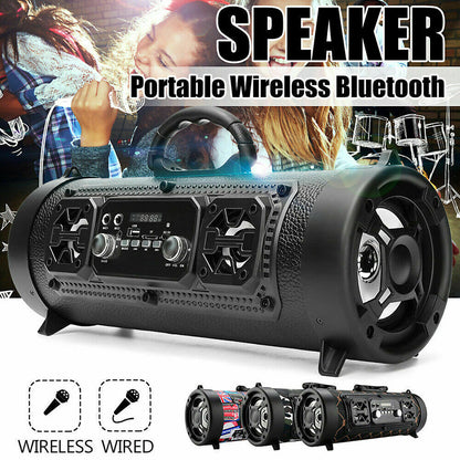Black portable wireless Bluetooth speaker with handle and control panel, ideal for outdoor audio