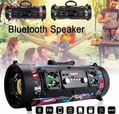 Portable waterproof Bluetooth speaker with national flag design, outdoor party in background, grill and friends