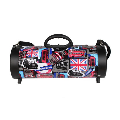 Portable waterproof Bluetooth speaker with London-themed design featuring Union Jack, red bus, and underground signs