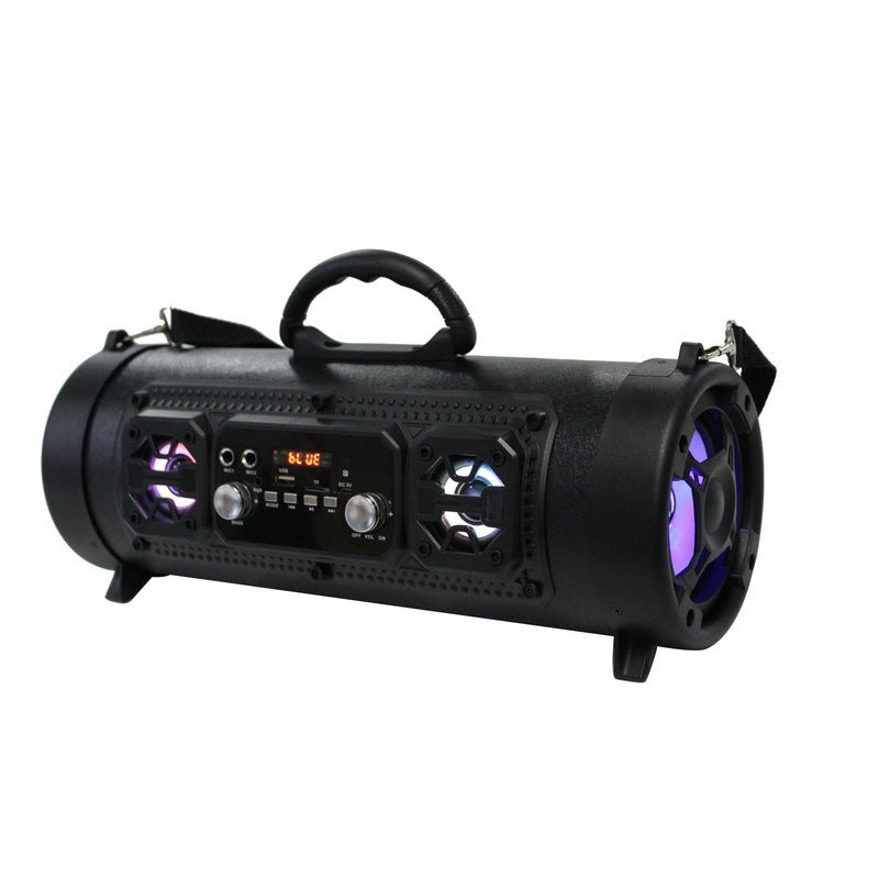 Black portable waterproof Bluetooth speaker with handle, LED lights, and control panel