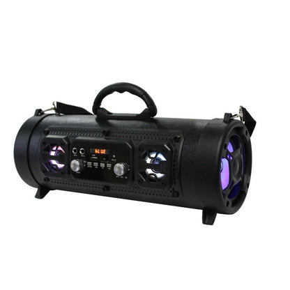 Black portable waterproof Bluetooth speaker with handle, LED lights, and control panel