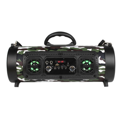 Portable waterproof Bluetooth speaker with camouflage design, dual speakers, and control panel