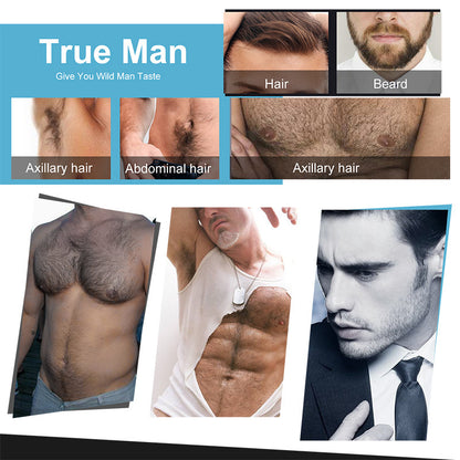 Collage of male body hair types including hair, beard, axillary hair, and abdominal hair, promoting masculine grooming