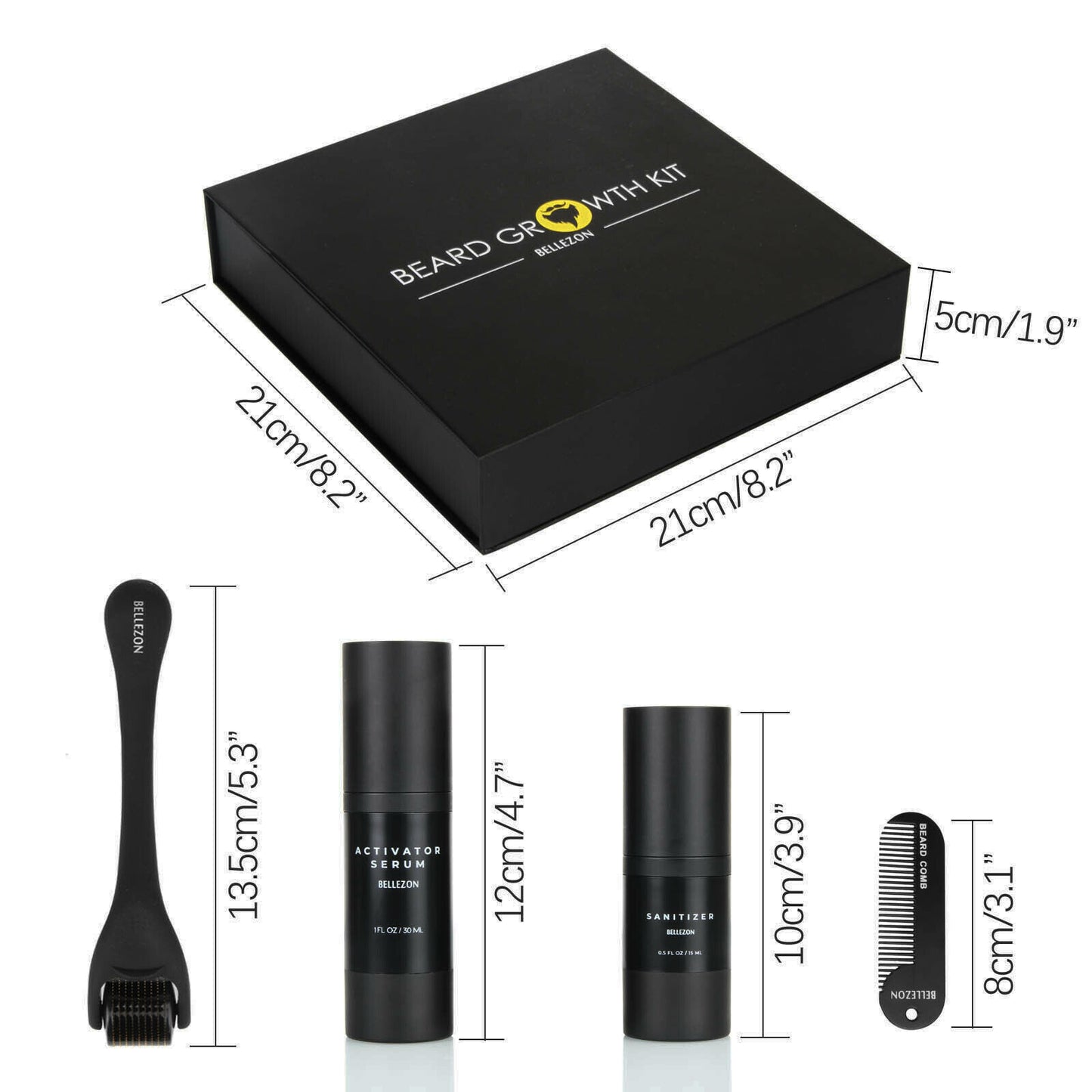 Black beard growth kit with biotin serum, micro-needle roller, sanitizer, and comb with size dimensions