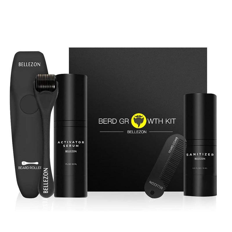 Bellezon beard growth kit with activator serum, beard roller, sanitizer, and beard comb in black packaging