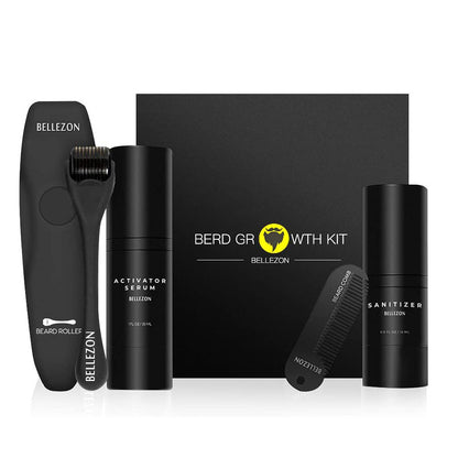 Bellezon beard growth kit with activator serum, beard roller, sanitizer, and beard comb in black packaging