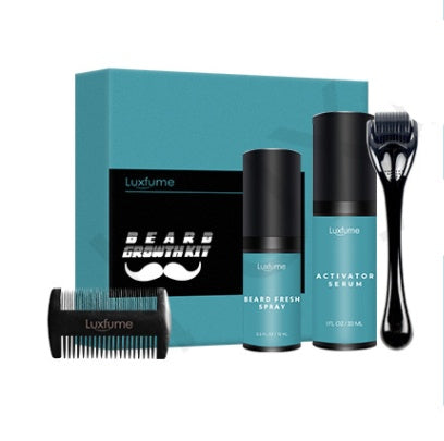 Luxfume beard growth kit with fresh spray, activator serum, micro-needle roller, and comb in teal packaging