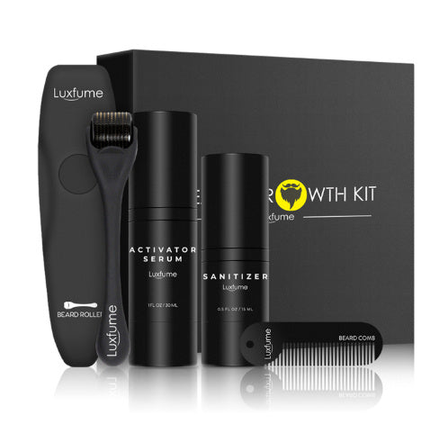 Luxfume beard growth kit with activator serum, sanitizer, beard roller, comb, and black packaging box