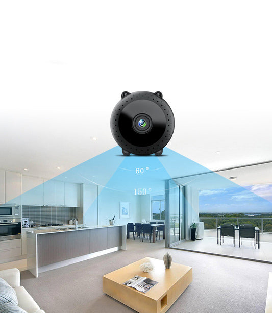 Mini black WiFi security camera with 1080p HD lens showing 60° and 150° view angles in modern living room