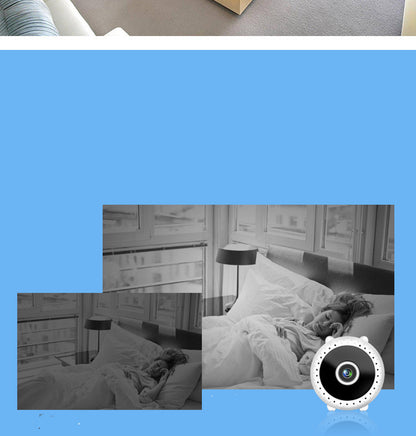 Mini white wireless security camera with night vision showing a woman sleeping in bed