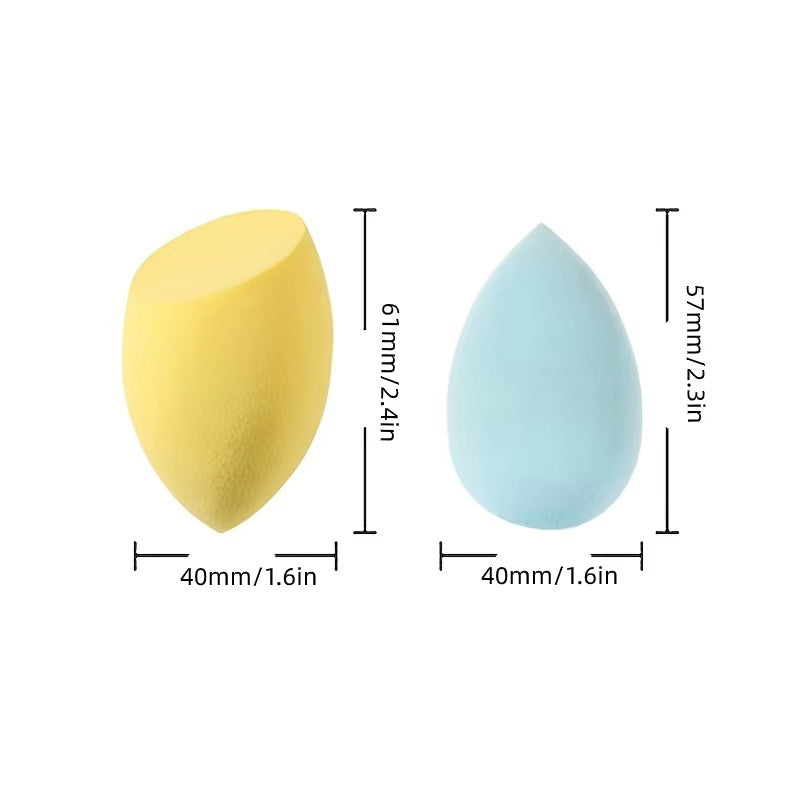 Yellow and blue makeup sponges with measurements 61mmx40mm and 57mmx40mm on white background
