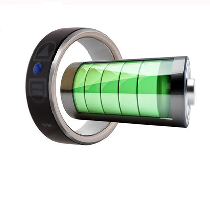 Smart Bluetooth ring with digital display showing fully charged green battery level