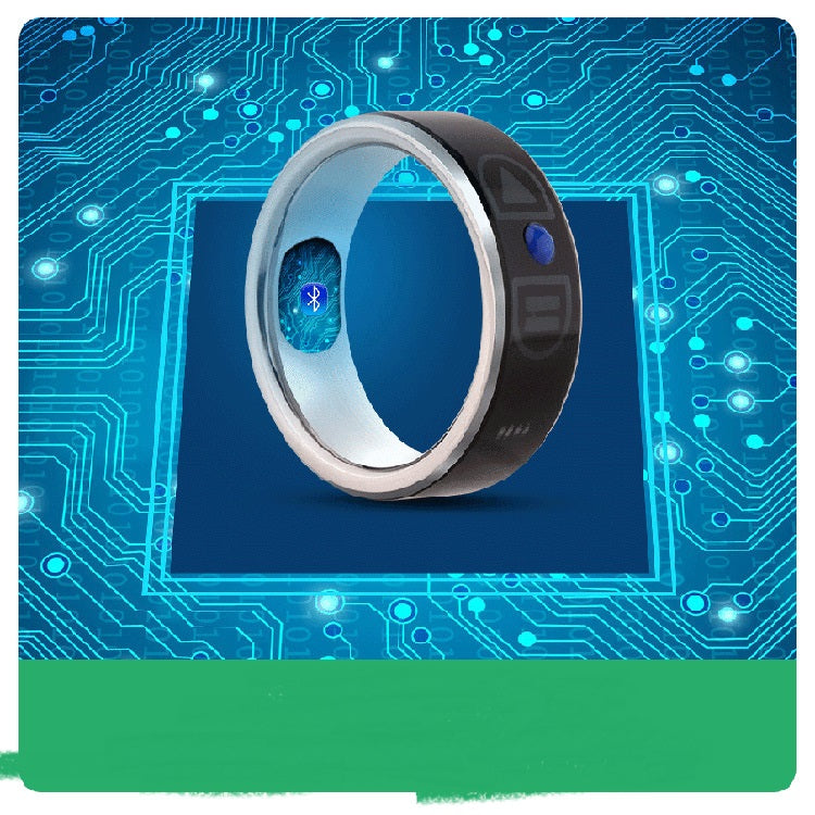 Smart Bluetooth ring wearable device with digital interface on circuit board background