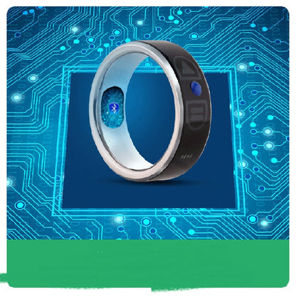 Smart Bluetooth ring wearable device with digital interface on circuit board background