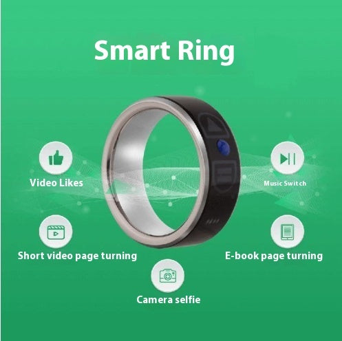 Smart Bluetooth ring wearable device with buttons for video likes, music switch, page turning, and selfie camera on green background