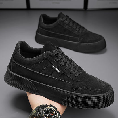 Black men's casual sneakers with textured platform sole and lace-up design labeled fashion