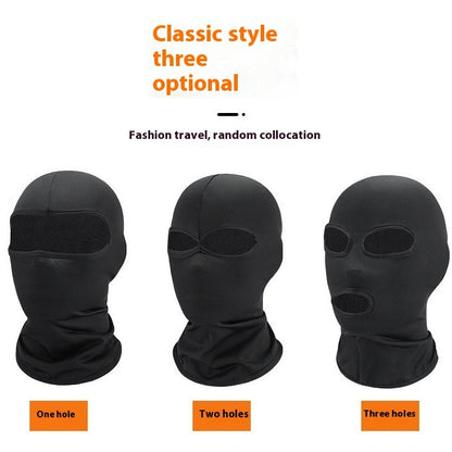 Three black breathable balaclavas showing one-hole, two-holes, and three-holes face mask options for winter sports