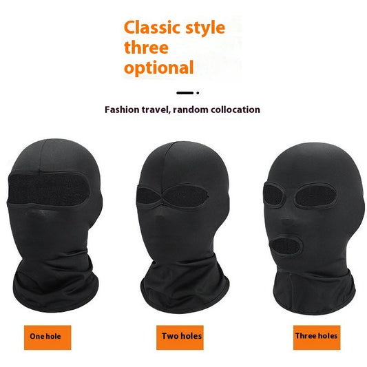 Three black breathable balaclavas showing one-hole, two-holes, and three-holes face mask options for winter sports