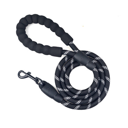 Black reflective nylon dog leash with padded handle and metal clasp for safe walking