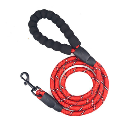 Red and black reflective nylon dog leash with padded handle and metal clip