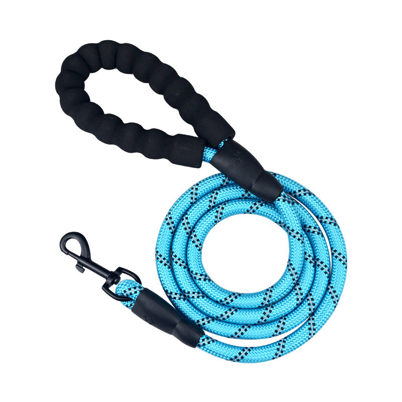 blue reflective nylon dog leash with black padded handle and metal clasp