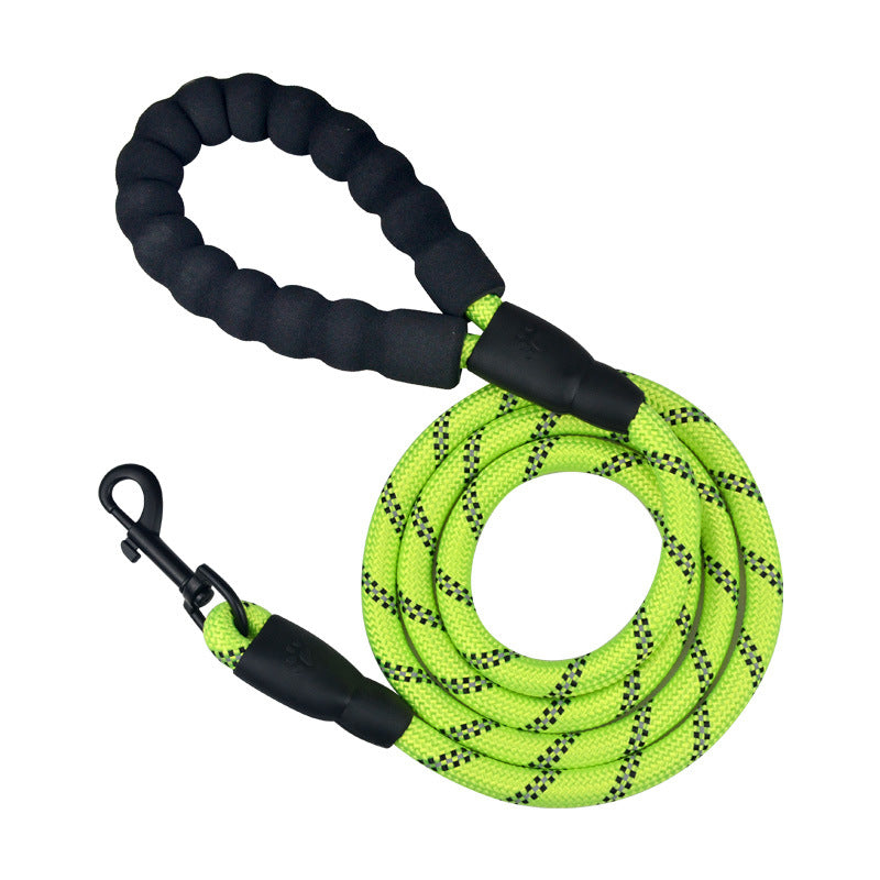 Reflective neon green nylon dog leash with black padded ergonomic handle and metal clasp