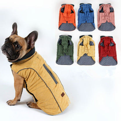 French bulldog wearing a yellow water-repellent dog winter coat with reflective vest, shown with five other colors
