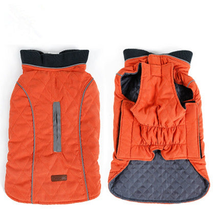 Orange quilted pet thermal jacket with black collar and reflective strip, shown front and back view