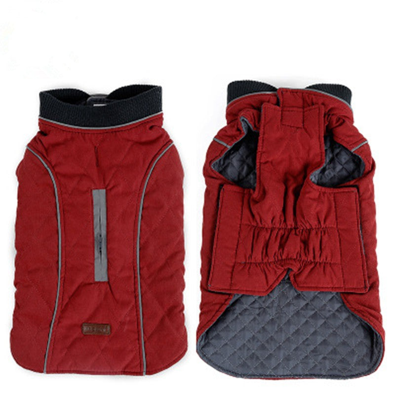 Red quilted dog jacket with black collar and reflective strip, shown front and inside view