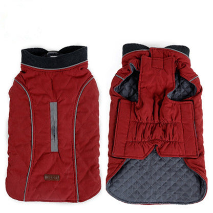 Red quilted dog jacket with black collar and reflective strip, shown front and inside view