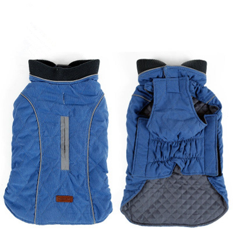 Blue quilted small dog jacket with reflective strip and adjustable straps, black collar trim
