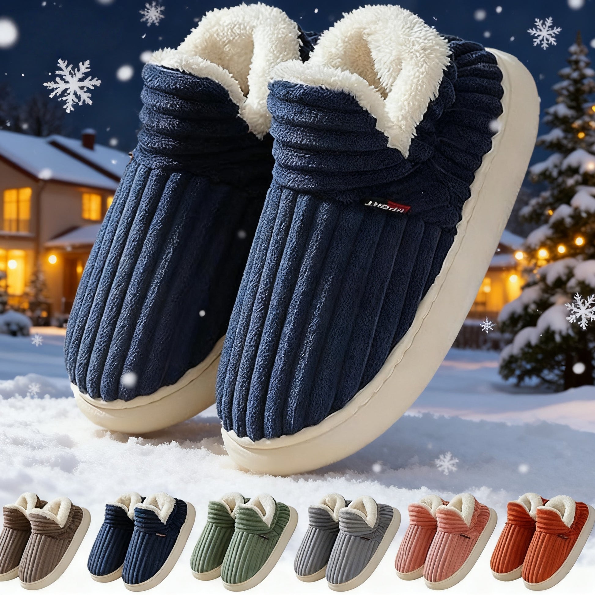 Blue cozy plush slippers with white fleece lining on snow with winter house background