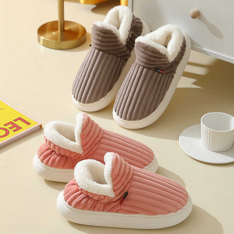 Two pairs of cozy plush slippers for indoor use, one in pink and one in brown, with white soft lining
