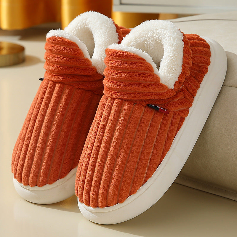 Orange plush slippers with white fleece lining and white soles, cozy indoor footwear for men and women
