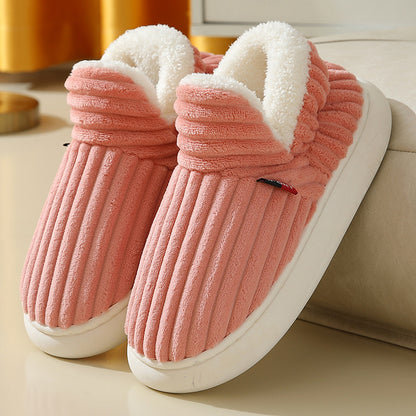 Pink ribbed plush slippers with white fluffy lining, warm indoor footwear for men and women