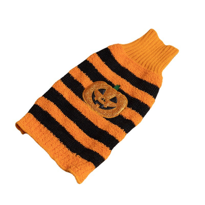 Cozy small dog Halloween sweater with orange and black stripes and glittery pumpkin patch