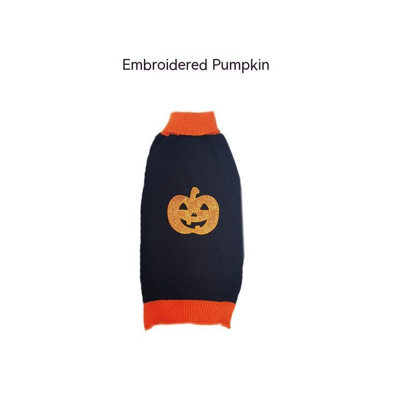 Black Halloween dog sweater with orange collar and hem, featuring embroidered pumpkin design